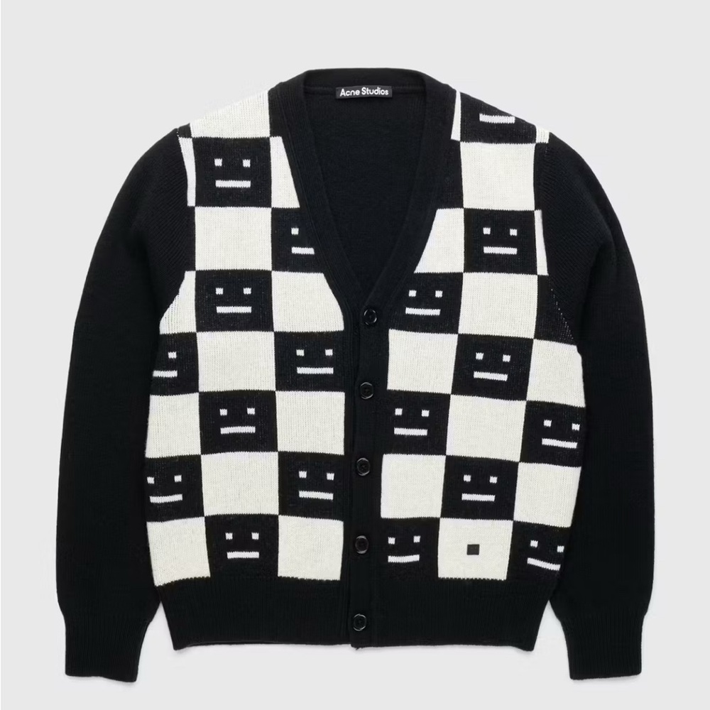 Acne Katlaro Checker Face jacquard wool black oatmeal tan cardigan sweater S